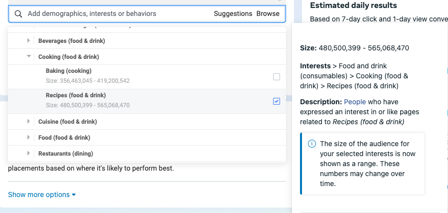 Facebook 对烘焙、食谱有兴趣的受众