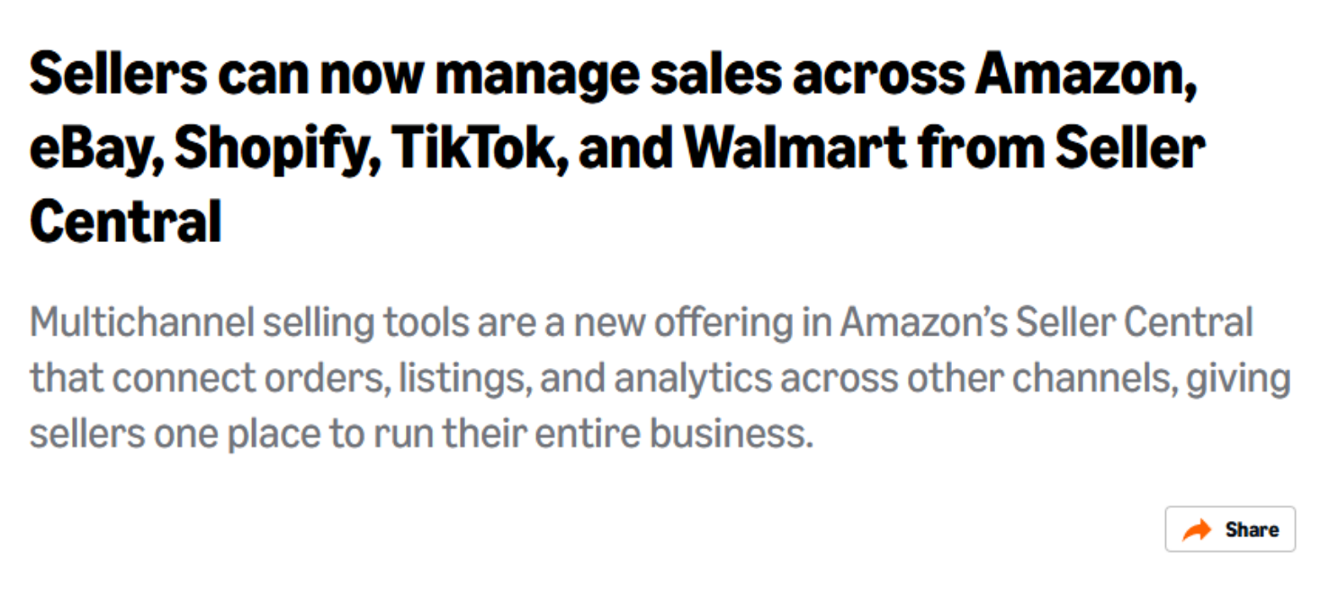 亚马逊上线多渠道销售工具:eBay、Shopify、TikTok、沃尔玛订单可统一管理